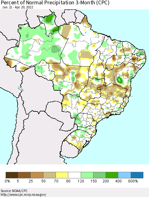 Brazil Percent of Normal Precipitation 3-Month (CPC) Thematic Map For 1/21/2022 - 4/20/2022