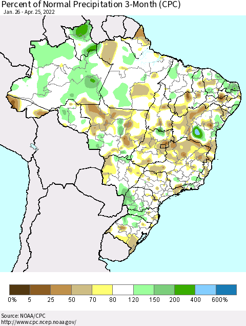 Brazil Percent of Normal Precipitation 3-Month (CPC) Thematic Map For 1/26/2022 - 4/25/2022