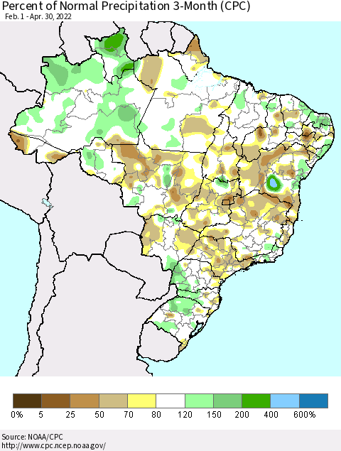 Brazil Percent of Normal Precipitation 3-Month (CPC) Thematic Map For 2/1/2022 - 4/30/2022