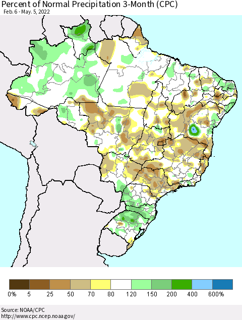 Brazil Percent of Normal Precipitation 3-Month (CPC) Thematic Map For 2/6/2022 - 5/5/2022