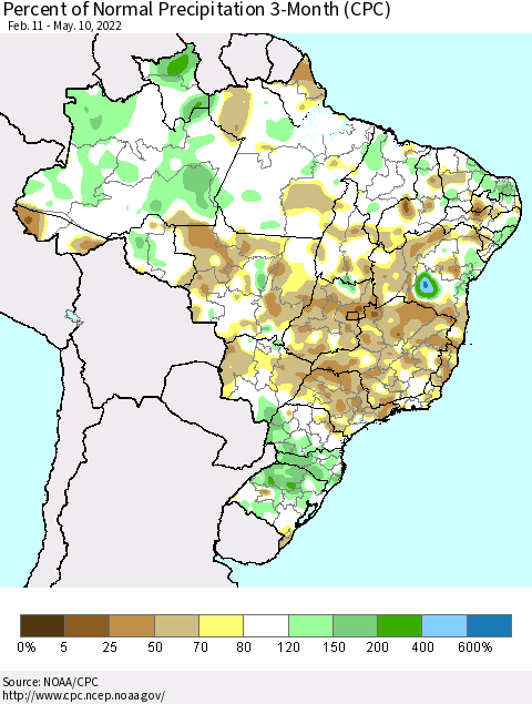 Brazil Percent of Normal Precipitation 3-Month (CPC) Thematic Map For 2/11/2022 - 5/10/2022