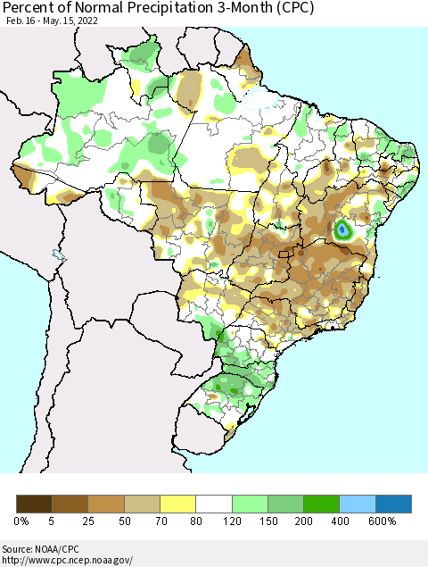 Brazil Percent of Normal Precipitation 3-Month (CPC) Thematic Map For 2/16/2022 - 5/15/2022