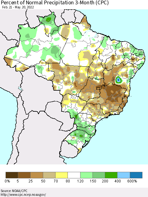 Brazil Percent of Normal Precipitation 3-Month (CPC) Thematic Map For 2/21/2022 - 5/20/2022