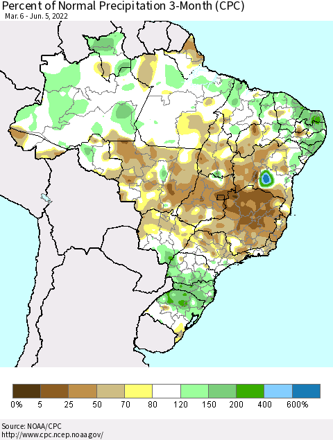 Brazil Percent of Normal Precipitation 3-Month (CPC) Thematic Map For 3/6/2022 - 6/5/2022