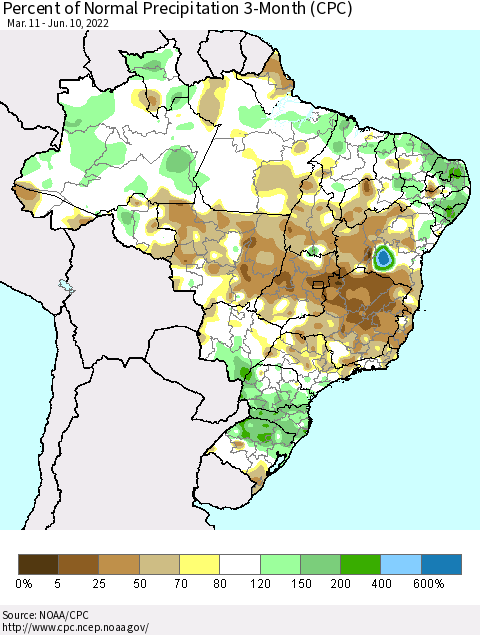 Brazil Percent of Normal Precipitation 3-Month (CPC) Thematic Map For 3/11/2022 - 6/10/2022