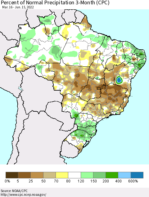Brazil Percent of Normal Precipitation 3-Month (CPC) Thematic Map For 3/16/2022 - 6/15/2022