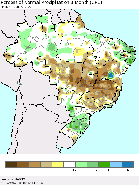 Brazil Percent of Normal Precipitation 3-Month (CPC) Thematic Map For 3/21/2022 - 6/20/2022