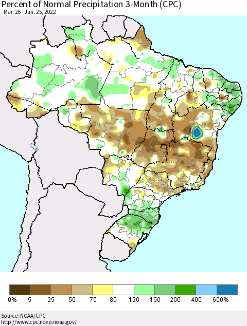 Brazil Percent of Normal Precipitation 3-Month (CPC) Thematic Map For 3/26/2022 - 6/25/2022