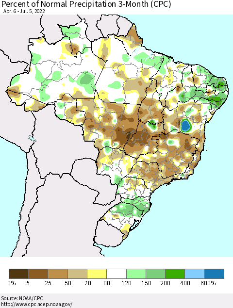 Brazil Percent of Normal Precipitation 3-Month (CPC) Thematic Map For 4/6/2022 - 7/5/2022