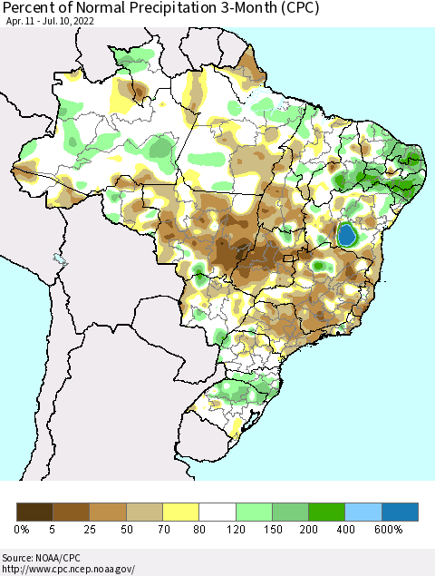 Brazil Percent of Normal Precipitation 3-Month (CPC) Thematic Map For 4/11/2022 - 7/10/2022