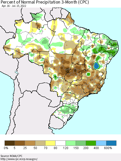 Brazil Percent of Normal Precipitation 3-Month (CPC) Thematic Map For 4/16/2022 - 7/15/2022