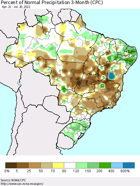 Brazil Percent of Normal Precipitation 3-Month (CPC) Thematic Map For 4/21/2022 - 7/20/2022