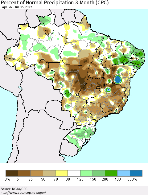 Brazil Percent of Normal Precipitation 3-Month (CPC) Thematic Map For 4/26/2022 - 7/25/2022