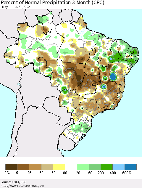Brazil Percent of Normal Precipitation 3-Month (CPC) Thematic Map For 5/1/2022 - 7/31/2022