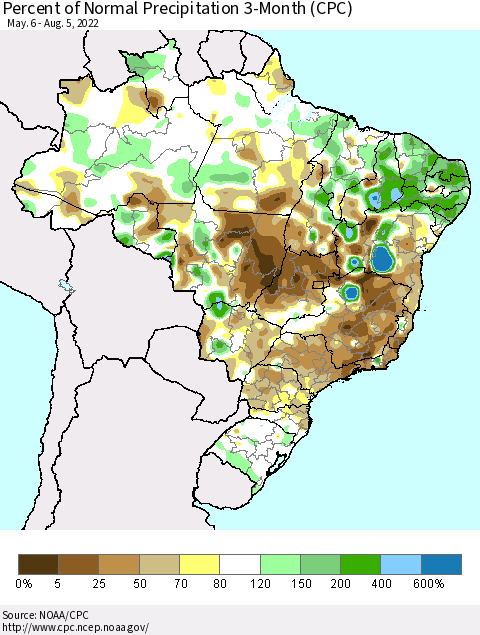 Brazil Percent of Normal Precipitation 3-Month (CPC) Thematic Map For 5/6/2022 - 8/5/2022