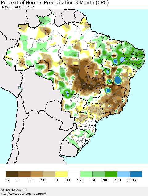 Brazil Percent of Normal Precipitation 3-Month (CPC) Thematic Map For 5/11/2022 - 8/10/2022