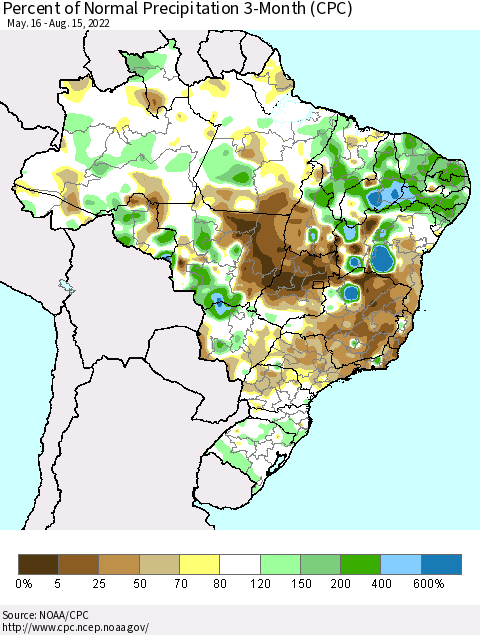 Brazil Percent of Normal Precipitation 3-Month (CPC) Thematic Map For 5/16/2022 - 8/15/2022