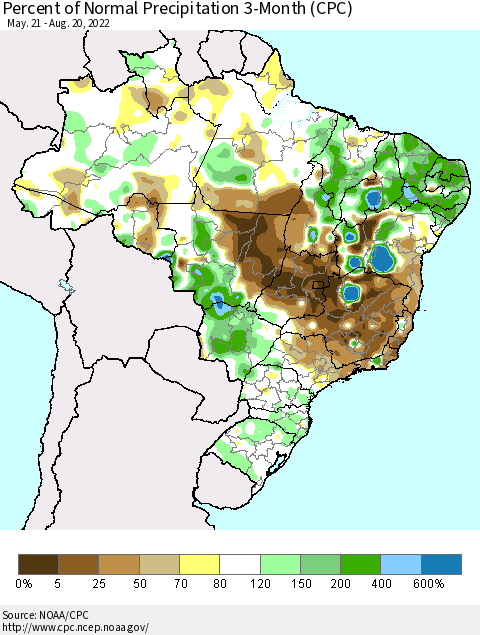 Brazil Percent of Normal Precipitation 3-Month (CPC) Thematic Map For 5/21/2022 - 8/20/2022