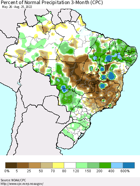Brazil Percent of Normal Precipitation 3-Month (CPC) Thematic Map For 5/26/2022 - 8/25/2022