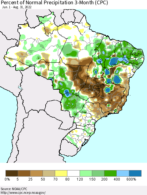 Brazil Percent of Normal Precipitation 3-Month (CPC) Thematic Map For 6/1/2022 - 8/31/2022