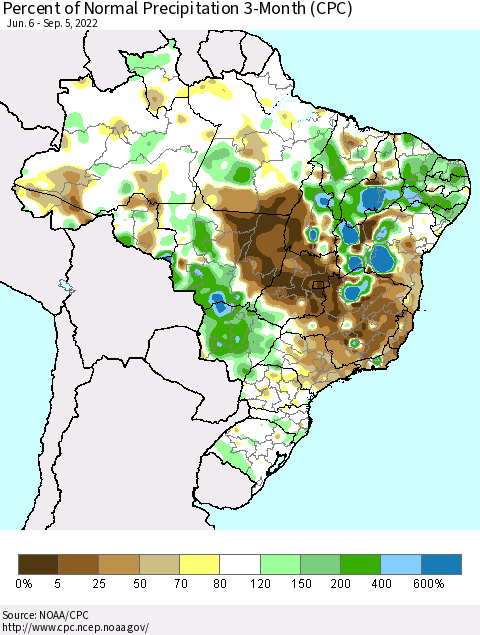 Brazil Percent of Normal Precipitation 3-Month (CPC) Thematic Map For 6/6/2022 - 9/5/2022