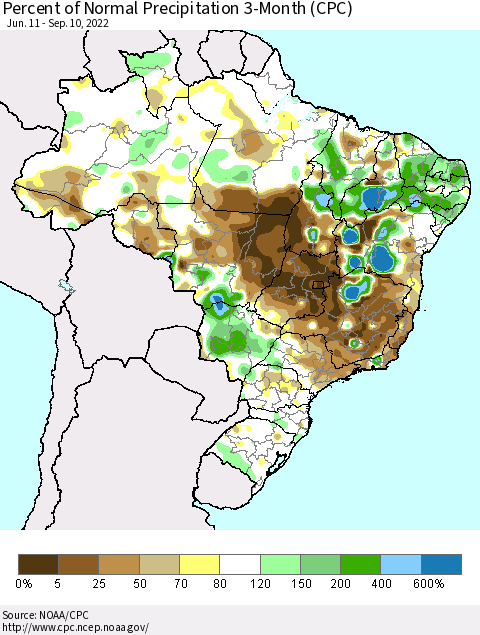 Brazil Percent of Normal Precipitation 3-Month (CPC) Thematic Map For 6/11/2022 - 9/10/2022