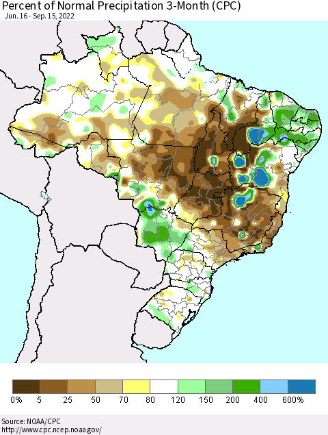 Brazil Percent of Normal Precipitation 3-Month (CPC) Thematic Map For 6/16/2022 - 9/15/2022