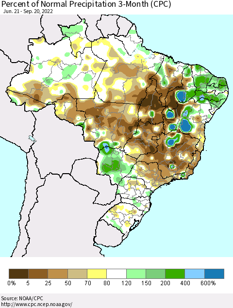 Brazil Percent of Normal Precipitation 3-Month (CPC) Thematic Map For 6/21/2022 - 9/20/2022