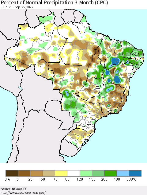 Brazil Percent of Normal Precipitation 3-Month (CPC) Thematic Map For 6/26/2022 - 9/25/2022