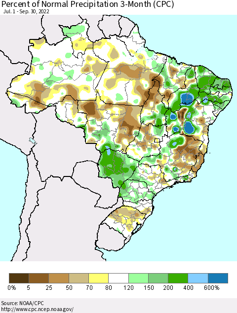 Brazil Percent of Normal Precipitation 3-Month (CPC) Thematic Map For 7/1/2022 - 9/30/2022