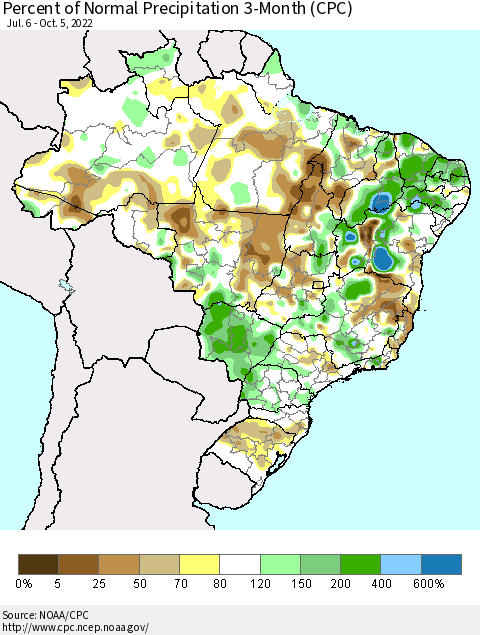 Brazil Percent of Normal Precipitation 3-Month (CPC) Thematic Map For 7/6/2022 - 10/5/2022