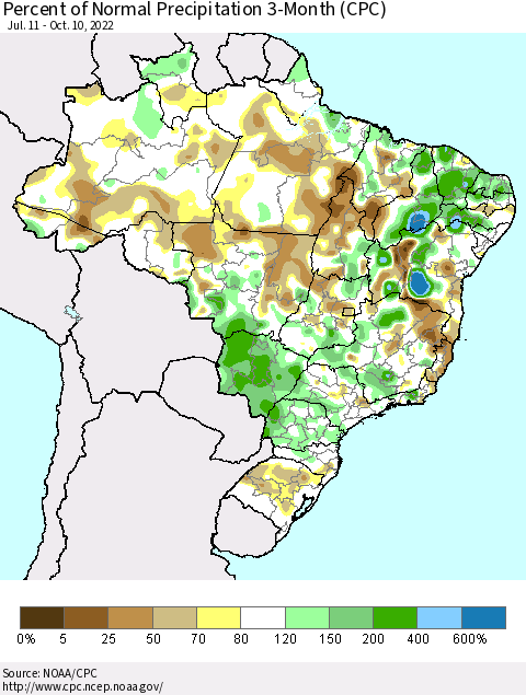 Brazil Percent of Normal Precipitation 3-Month (CPC) Thematic Map For 7/11/2022 - 10/10/2022