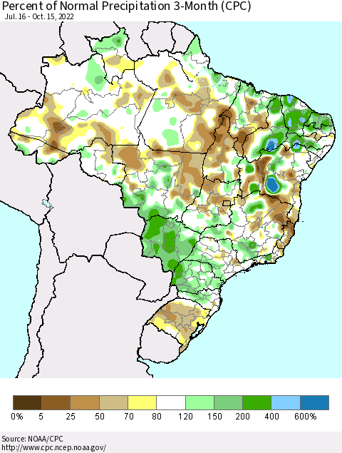Brazil Percent of Normal Precipitation 3-Month (CPC) Thematic Map For 7/16/2022 - 10/15/2022