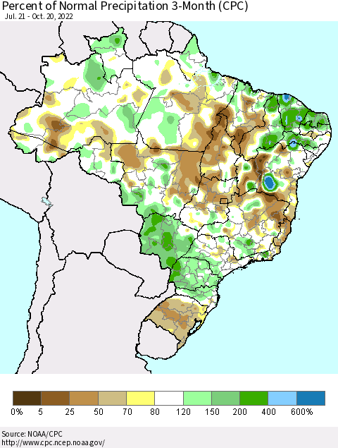 Brazil Percent of Normal Precipitation 3-Month (CPC) Thematic Map For 7/21/2022 - 10/20/2022