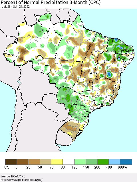 Brazil Percent of Normal Precipitation 3-Month (CPC) Thematic Map For 7/26/2022 - 10/25/2022