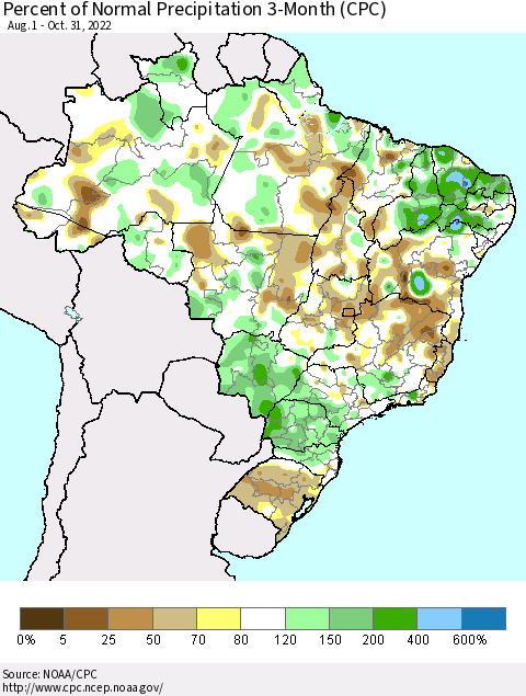 Brazil Percent of Normal Precipitation 3-Month (CPC) Thematic Map For 8/1/2022 - 10/31/2022