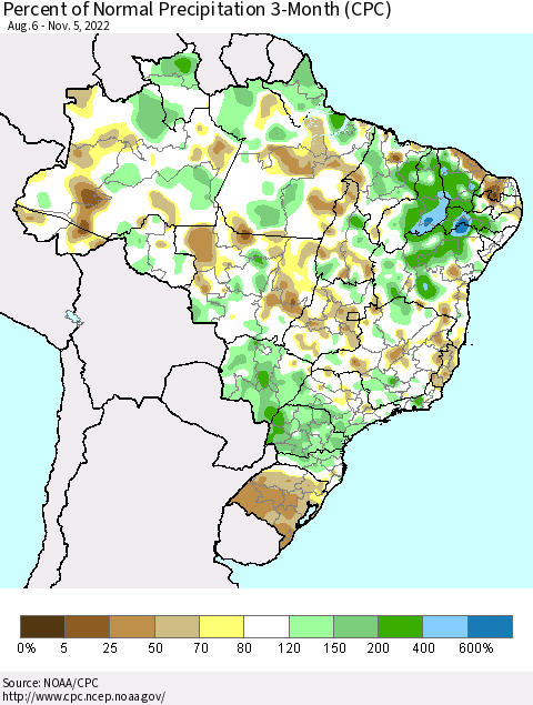 Brazil Percent of Normal Precipitation 3-Month (CPC) Thematic Map For 8/6/2022 - 11/5/2022
