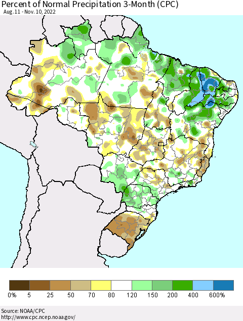Brazil Percent of Normal Precipitation 3-Month (CPC) Thematic Map For 8/11/2022 - 11/10/2022
