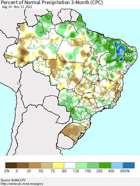 Brazil Percent of Normal Precipitation 3-Month (CPC) Thematic Map For 8/16/2022 - 11/15/2022