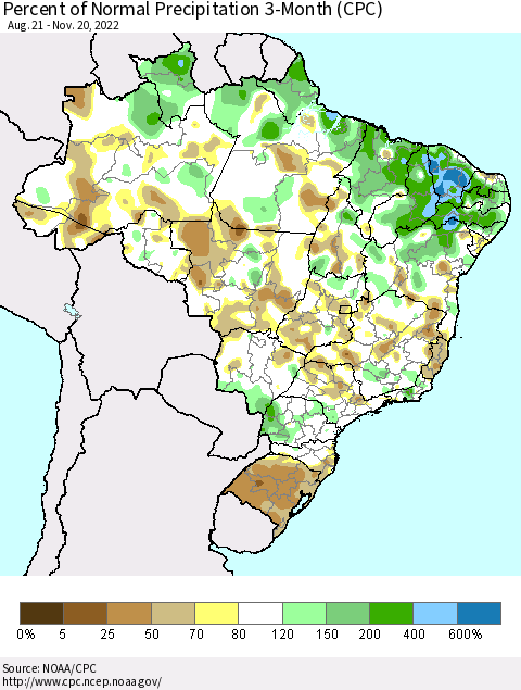 Brazil Percent of Normal Precipitation 3-Month (CPC) Thematic Map For 8/21/2022 - 11/20/2022