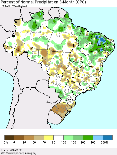 Brazil Percent of Normal Precipitation 3-Month (CPC) Thematic Map For 8/26/2022 - 11/25/2022