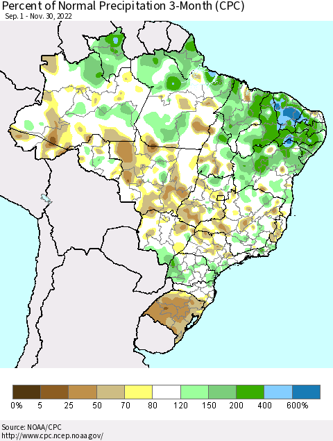 Brazil Percent of Normal Precipitation 3-Month (CPC) Thematic Map For 9/1/2022 - 11/30/2022