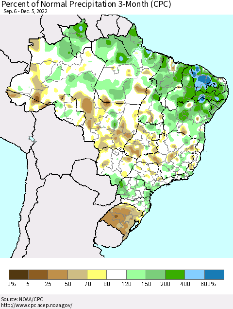 Brazil Percent of Normal Precipitation 3-Month (CPC) Thematic Map For 9/6/2022 - 12/5/2022