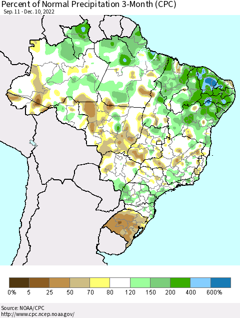 Brazil Percent of Normal Precipitation 3-Month (CPC) Thematic Map For 9/11/2022 - 12/10/2022