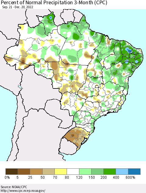Brazil Percent of Normal Precipitation 3-Month (CPC) Thematic Map For 9/21/2022 - 12/20/2022