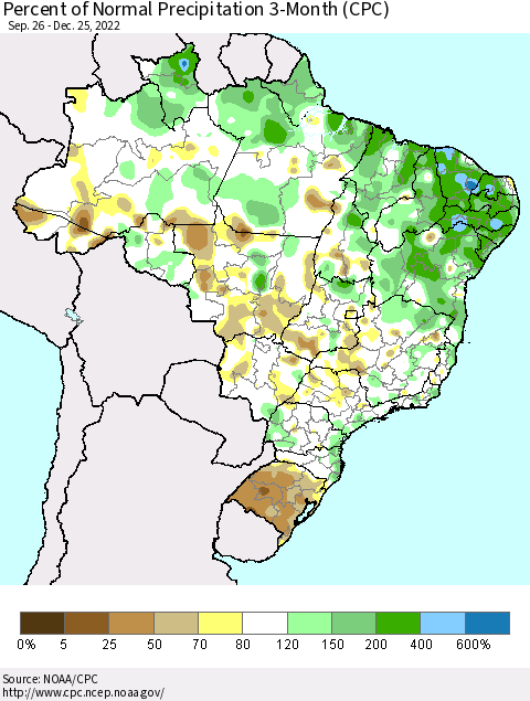 Brazil Percent of Normal Precipitation 3-Month (CPC) Thematic Map For 9/26/2022 - 12/25/2022