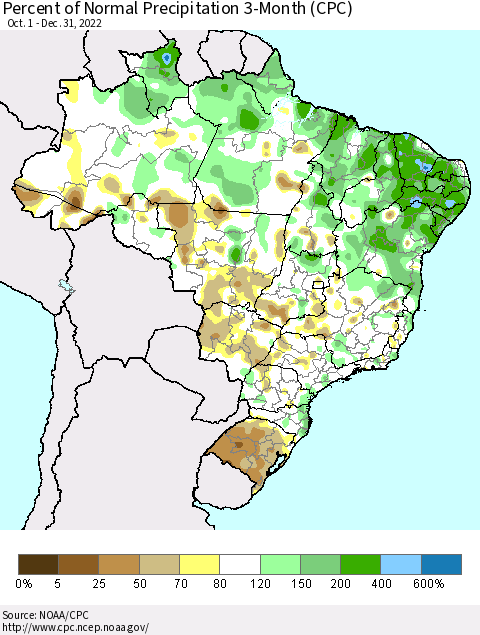Brazil Percent of Normal Precipitation 3-Month (CPC) Thematic Map For 10/1/2022 - 12/31/2022