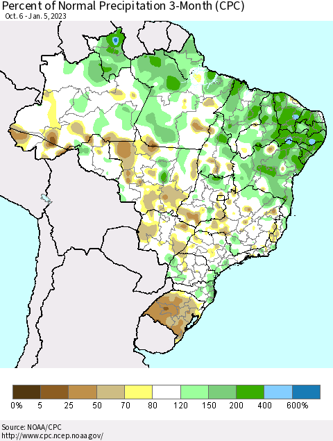 Brazil Percent of Normal Precipitation 3-Month (CPC) Thematic Map For 10/6/2022 - 1/5/2023