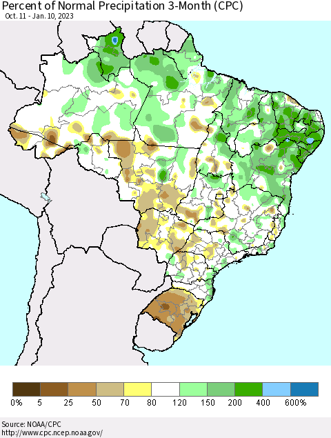 Brazil Percent of Normal Precipitation 3-Month (CPC) Thematic Map For 10/11/2022 - 1/10/2023