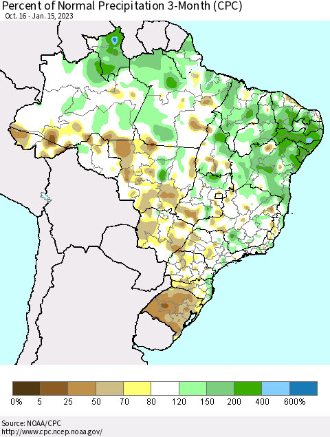 Brazil Percent of Normal Precipitation 3-Month (CPC) Thematic Map For 10/16/2022 - 1/15/2023